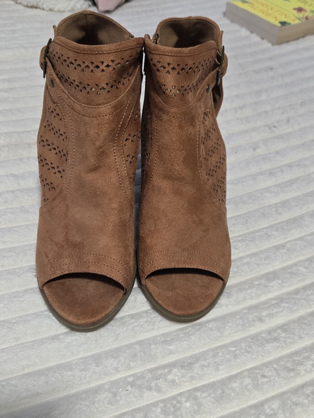 Diba Open-Toe Perforated Suede Mules in Cognac Brown